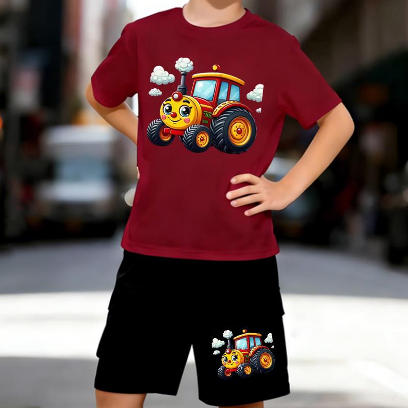 Boys 2 Piece Cartoon Tractor Printed Outfit, Short Sleeve T-Shirt and Shorts Set for Kids Age 5-14, Black and White Sporty Casual Summer Clothes