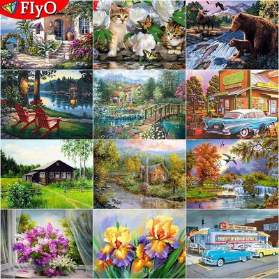 5d Diamond Painting Spring Cabin Landscape Picture of Rhinestone Full Square Round Diamond Embroidery Cat Flowers Animal Mosaic Garden Decor for Home