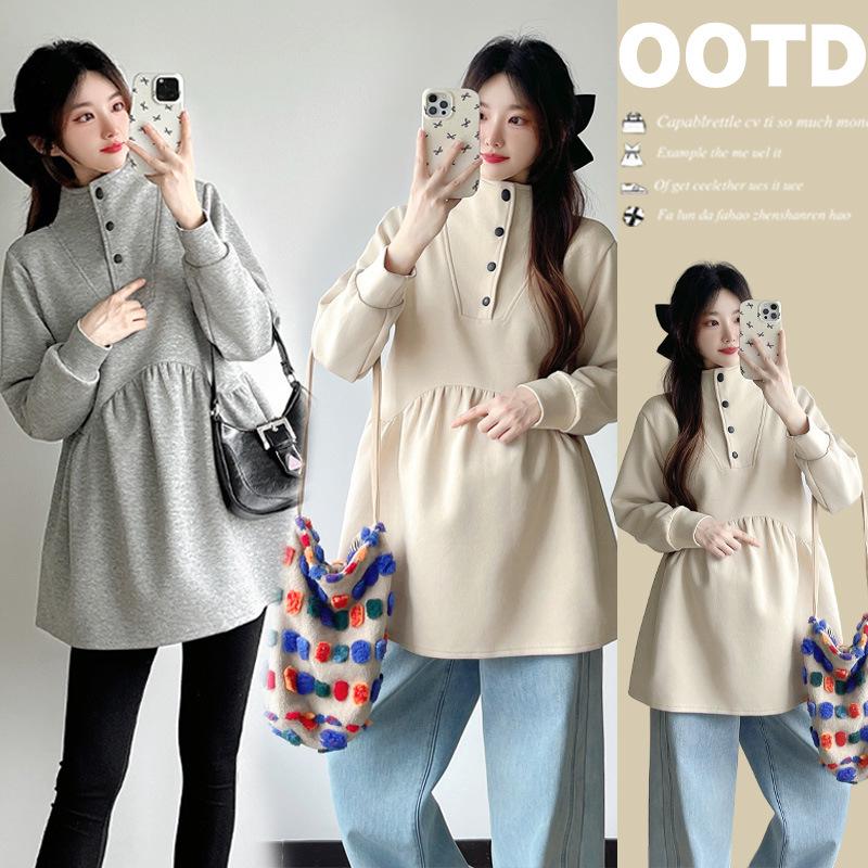 2026 Spring Maternity Fashion: Stand Collar Long Sleeve Loose Fit Korean Style Doll Shirt 2XL