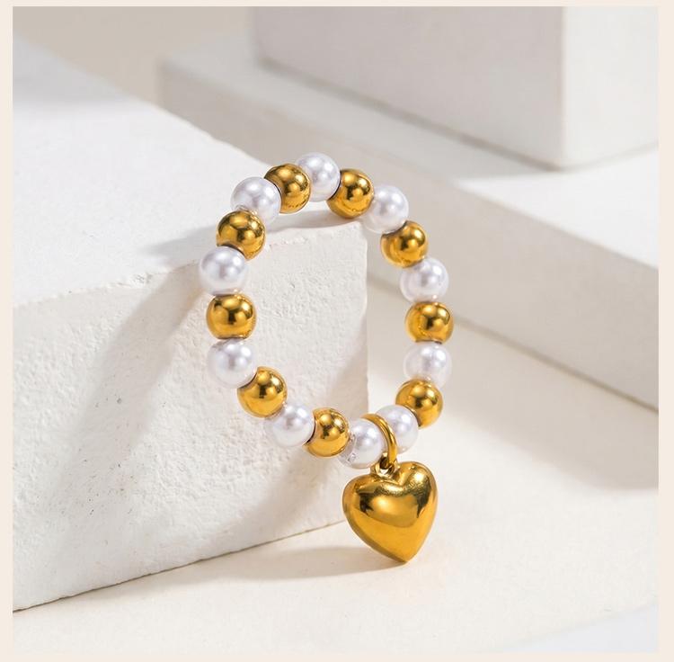 Two-Tone Pearl Ring Heart Charm Elastic Band, 18K Gold Plated Stainless Steel Satellite Bead, Stretchy Y2K Jewelry