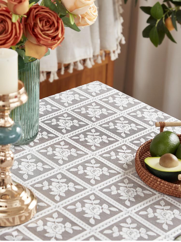 French Romantic Retro Palace Style White Lace Embroidery Rectangular Tablecloth for Tea Table and Dining Table with Dust Cover