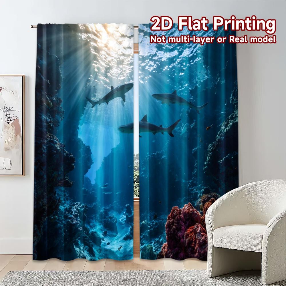 Modern Flat Printing Curtains Without Rod Ocean Predators Fashionable Polyester Gifts Set Of 2 Made