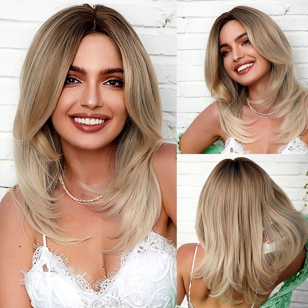 Blonde Brown Ombre Synthetic Wigs Long Layered Highlight Natural Hair Wig with Bangs for Black Women Cosplay Wig Heat Resistant