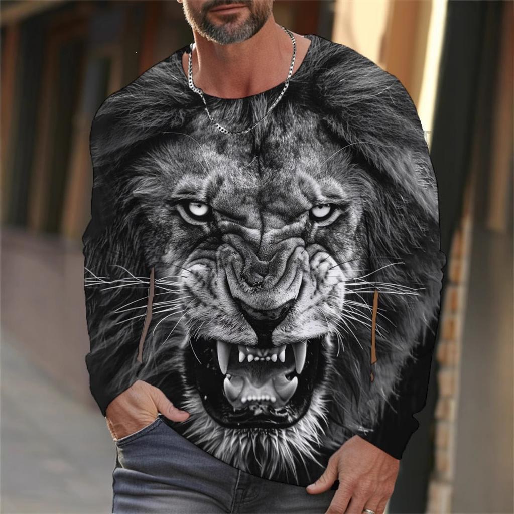 Autumn and Winter Men's Animal 3D Printed Crew Neck Long Sleeve T-Shirt