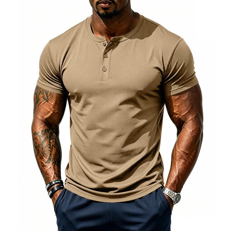 Men's Quick-dry Henley Collar Eyelet Fabric Short Sleeve T-shirt