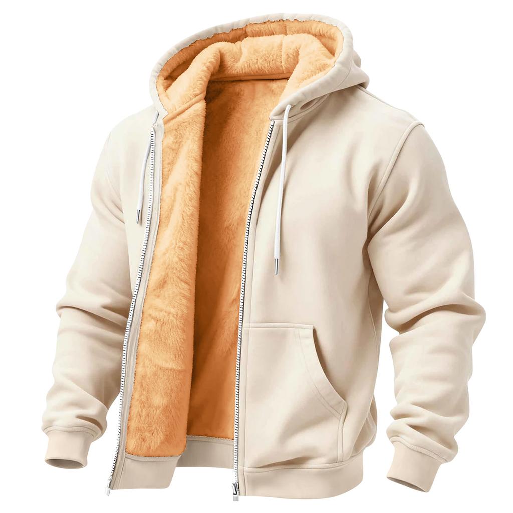 Men's Solid Color Fleece-Lined Zip-Up Pocket Hooded Sweatshirt Cardigan Men's Casual Sweatshirt Cardigan