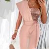 Salopetă elegantă dintr-o bucată, slim fit, pentru femei, cu panou paietat și talie marcată de curea, design patchwork fără mâneci, pentru ocazii formale