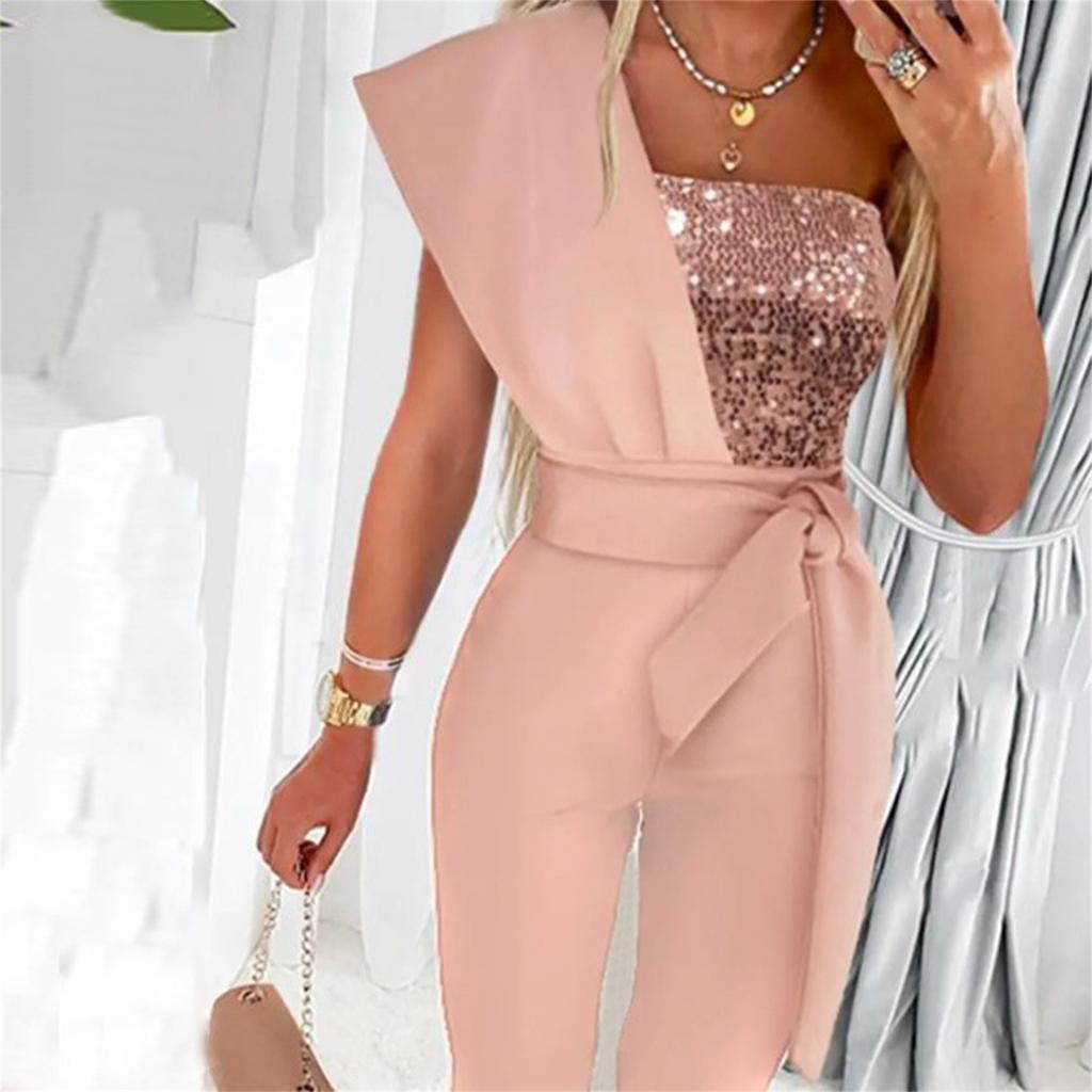 Salopetă elegantă dintr-o bucată, slim fit, pentru femei, cu panou paietat și talie marcată de curea, design patchwork fără mâneci, pentru ocazii formale
