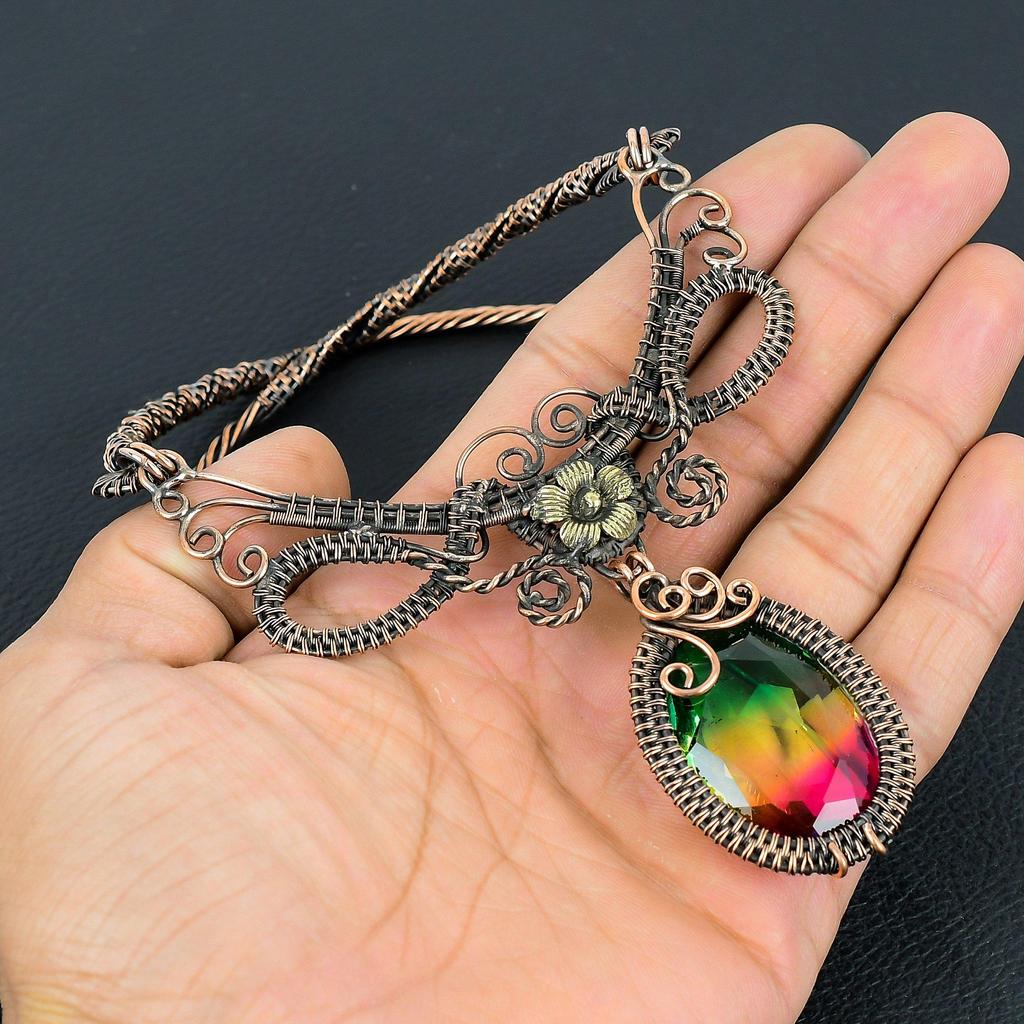 Bi-Color Tourmaline Necklace Jewelry, 999 Copper Wire Wrapped Gemstone Necklace Handmade Jewelry, For Memorial Day