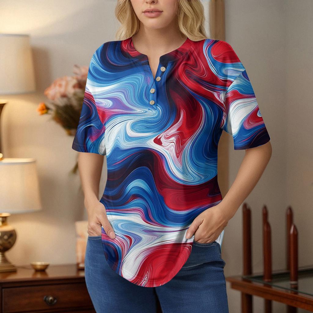Short Sleeve Womens Tops Summer T-Shirts Print V Neck Casual Basic Tee Button Shirts Tunic Tops Independence Day