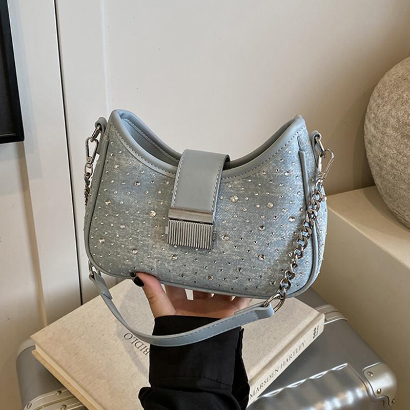 

Luxury Sparkling Diamd One Shoulder Underarm Bag for Women French Chic Denim Chain Handbags Versatile Crossbody Bags Trend (20cm<Max Length<30cm) синий