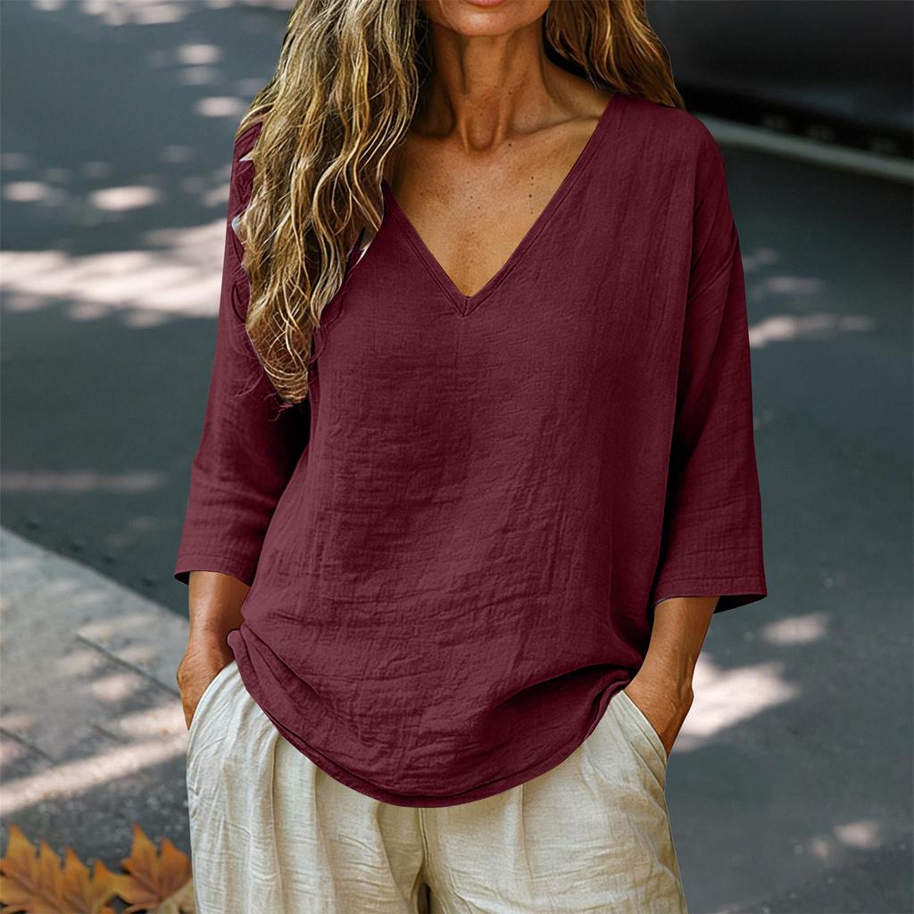 Women's Loose-Fit Fashionable Cotton-Linen -Color V-Neck Casual Top
