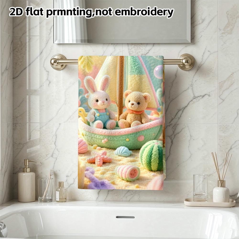 Bunny Bear Sailboat Beach Print Towel, Soft Absorbent Kids Bath And Swimming Towel