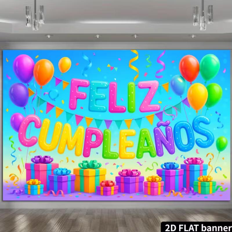 Bright Feliz Cumpleaños Tapestry, 2D Flat Printed with Multicolor Balloons and Gift Boxes for Photo Booth