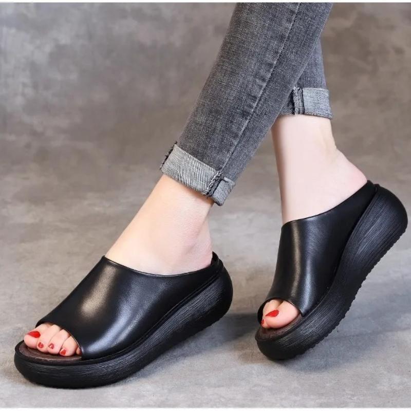 Ladies Leather Slippers PU Sole Sandals for Women Sexy High Heel Mules Clogs Black Peep Toe Platform Mules Wedges Sandals Shoes