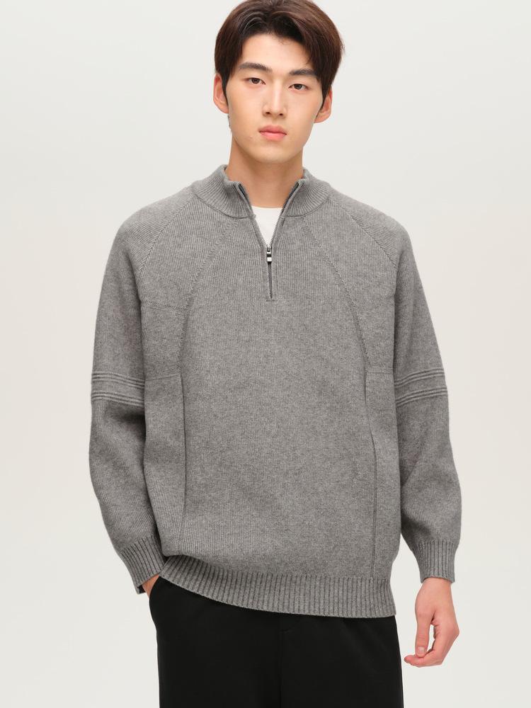WOOG2005 Grey Half-Zip Stand-Up Collar Men's Knit Sweater - Winter 2025 Style