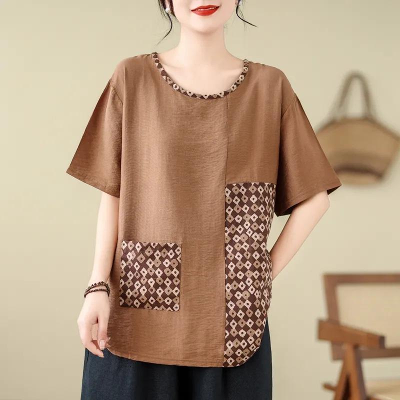Summer New Artistic T-shirt Plus Size Women's Cotton and Linen Short-sleeved Shirt Middle-aged Loose Top