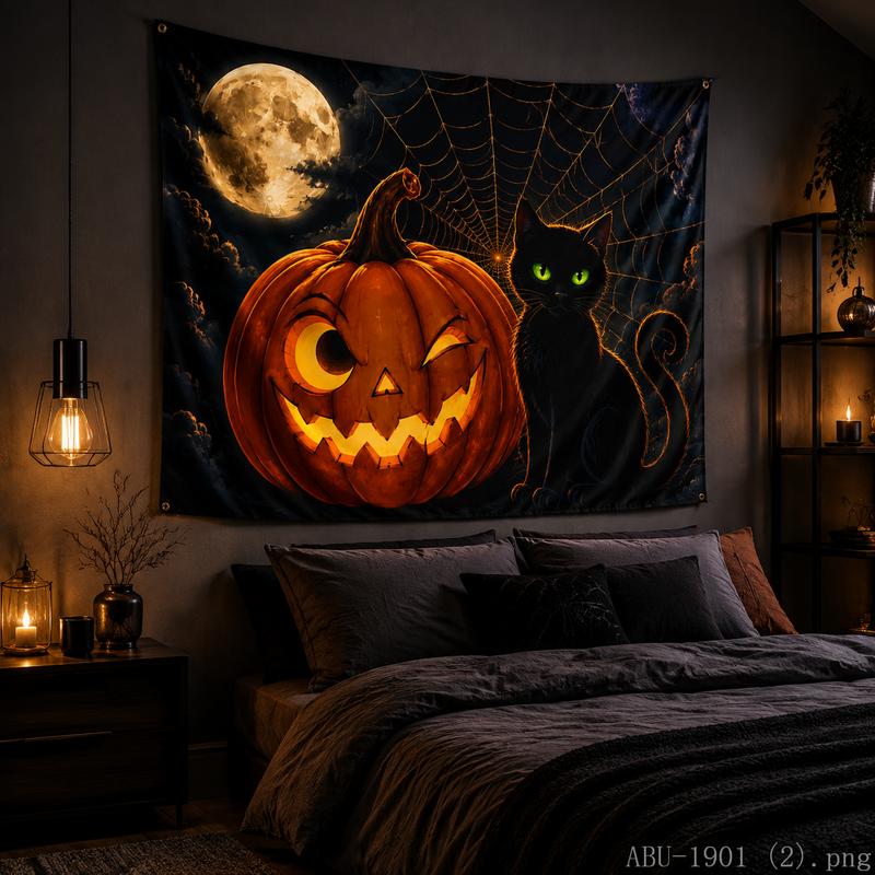 Sad Vintage Pumpkin Tapestry Dry Maple Leaf Candle Dark Halloween Art Wall Hanging Bedroom Dorm Decor Cloth