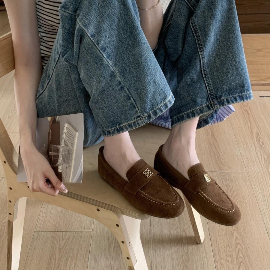 Leather Version~ Retro Round Head Loafers for Women Lazy People, One Pedal, Versatile Soft Sole Thick Heel Single Shoes, Medium Heel Small Leathe