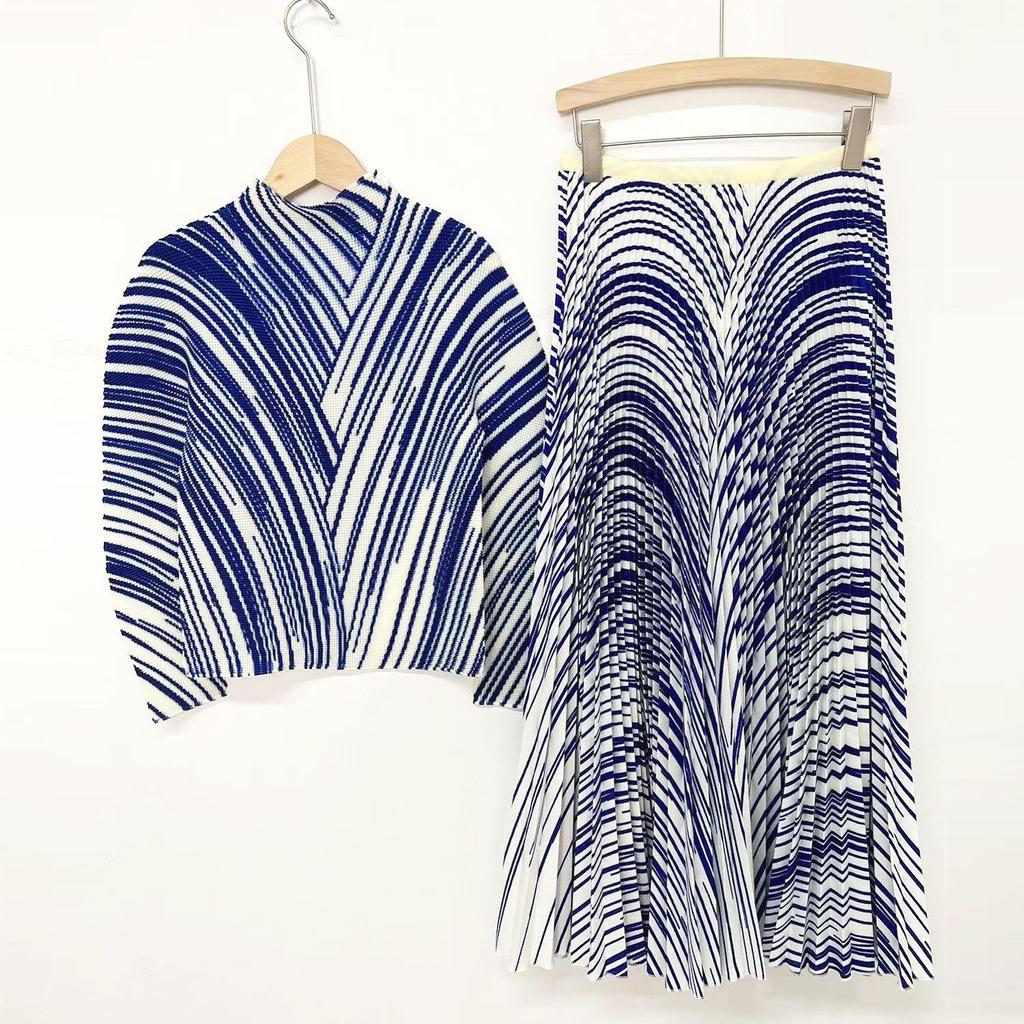 Pleated Skirt & Striped Long-Sleeve Top Two-Piece Set for Women - Spring Collection