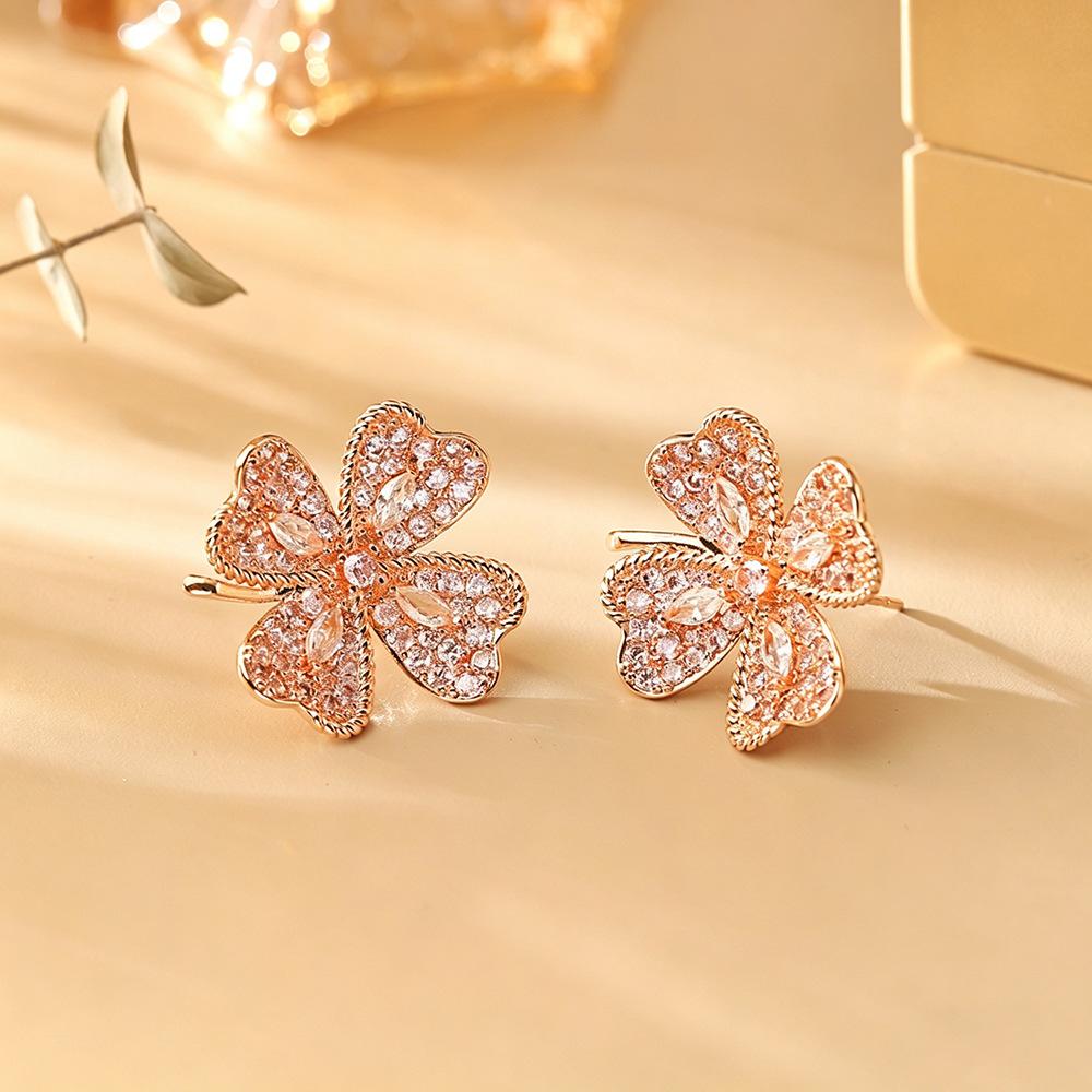 French Vintage Colorful CZ Four Leaf Clover Stud Earrings Delicate Drops