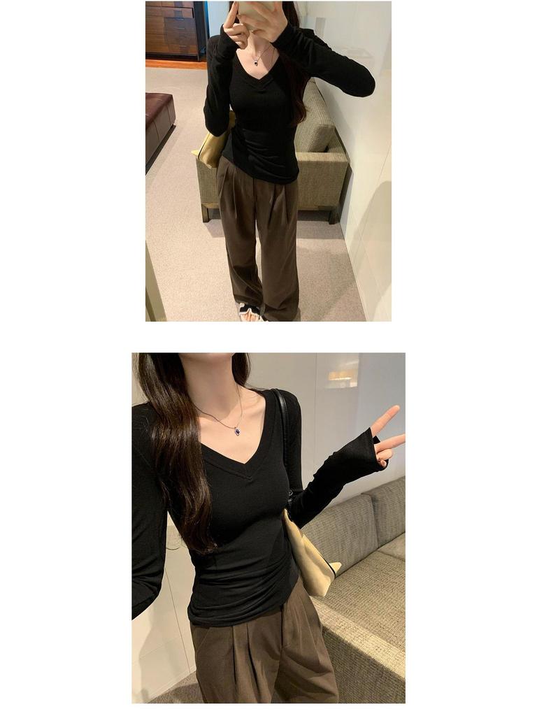 Women's Solid Color V-Neck Long-Sleeve Slim Fit Shirt, Autumn/Winter Base Layer or Outerwear, Regular Shoulder.
