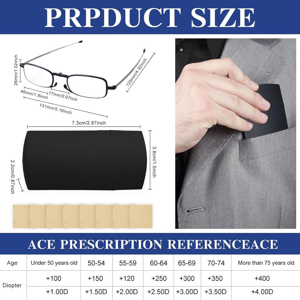 8 Pack Foldable Reading Glasses Blue Light Blocking Glasses Magnetic Case Pocket Wallet Spring Hinge Readers