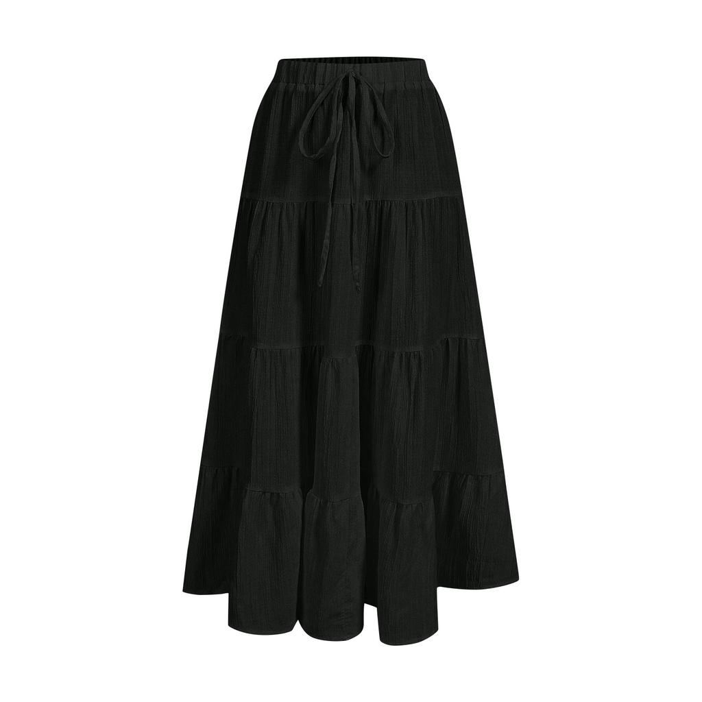 Women's Ruffled Spring Casual Long Skirt Plain Color Skirt Retro Pleated Skirt