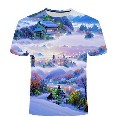 Verão Novo Topo Série Paisagem Quatro Estações Camiseta Casual Moderna de Manga Curta com Estampa 3D Moda Masculina e Feminina