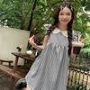 Black & White Plaid Flutter Sleeve Summer Dress with Lace Patchwork - Women's A-line Slimming Skirt
