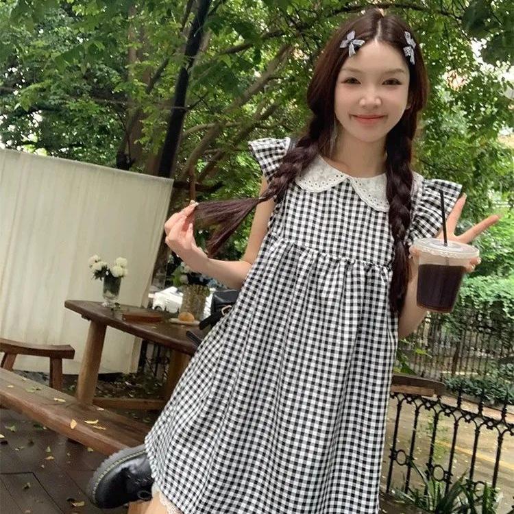 Black & White Plaid Flutter Sleeve Summer Dress with Lace Patchwork - Women's A-line Slimming Skirt