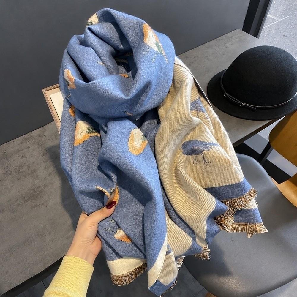 Elegant Printing Magpie Bird Shawl Imitation Pashmina Thick Warm Wraps Travel