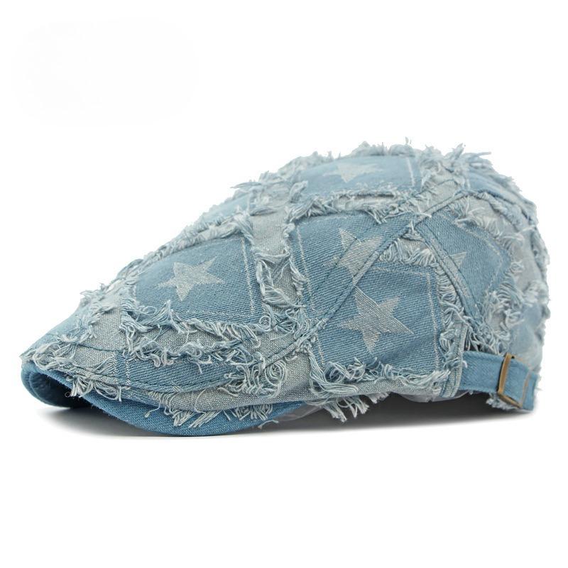 Vintage Star Print Distressed Denim Beret for Men Women Frayed Edge Streetwear Flat Cap Retro Newsboy Hat Adjustable Peaked Cap Individual Style