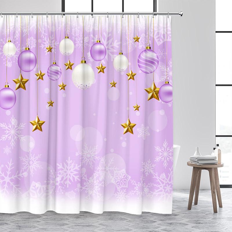 Pink Christmas Shower Curtain Xmas Balls Gold Stars Snowflakes New Year Home Bathroom Decor Bath Curtains Washable with Hooks