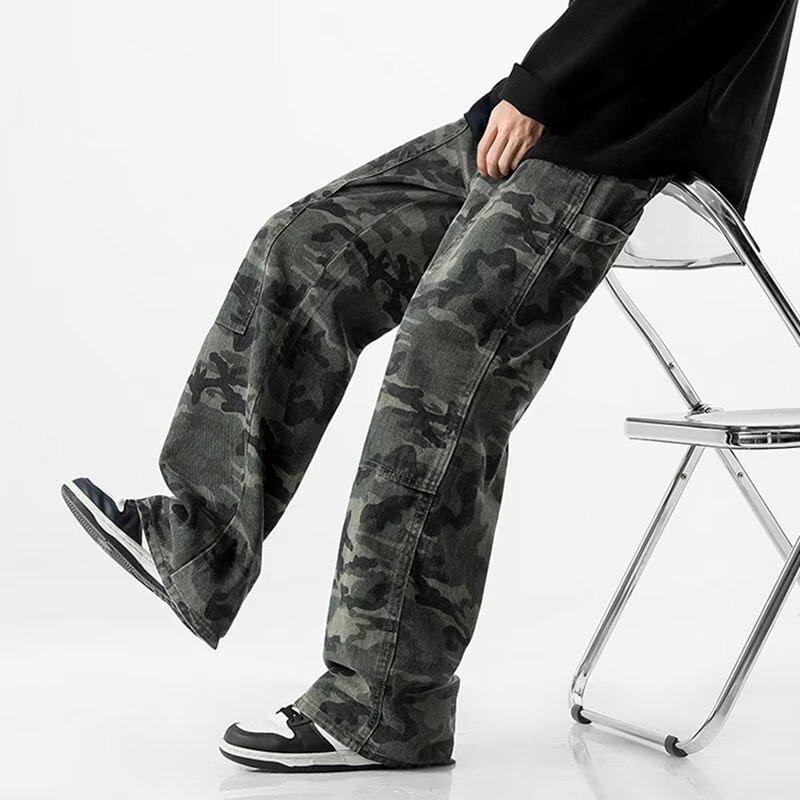 JYL Unisex Camo Jeans American  Hiphop Straight Slim Cargo Denim Trousers