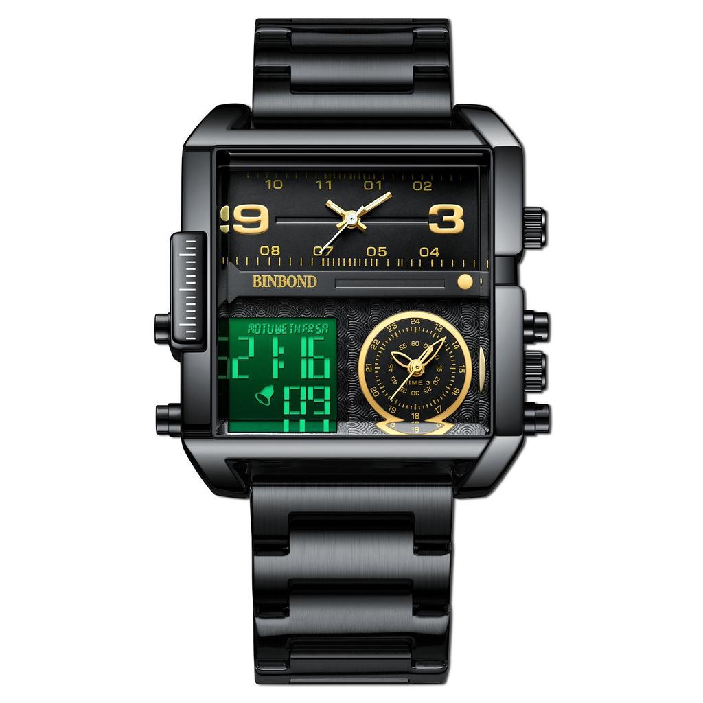 Binbang Fashion Men's Domineering Quartz Watch with Large Square Dial and Triple Display