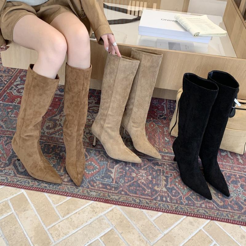 Retro pointed simple suede fashion high heel thin heel knight boots but knee boots women