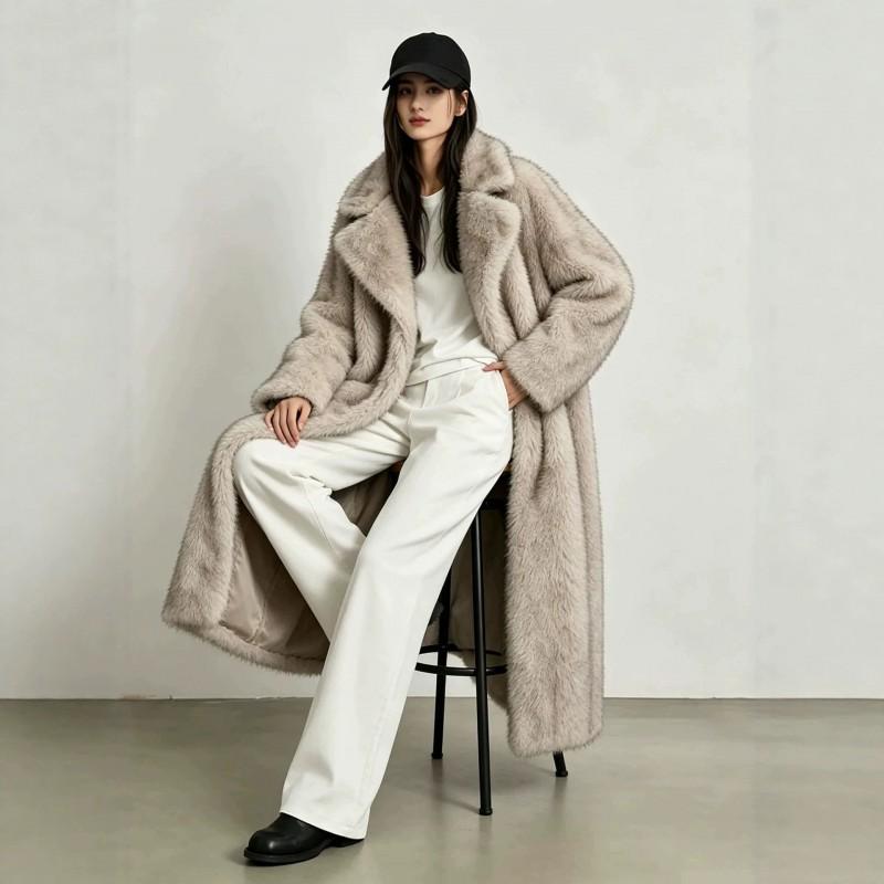 Womens Faux Fur Coat Long Winter Warm Outerwear With Collar Lapel Elegant Office Style