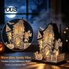 Holzburg-Figur 3D Halloween-Dorf Spukhaus-Figur, Gruseliges Leuchtendes Ornament Massivholz Hohl Durchscheinende Anzeige mit Geist Kürbis