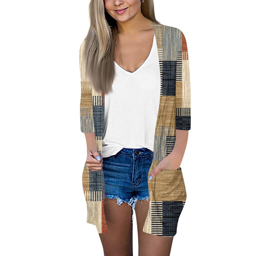 Women's Fashion Loose Casual Pocket Printed Cardigan Seven Sleeve Jacket Top
