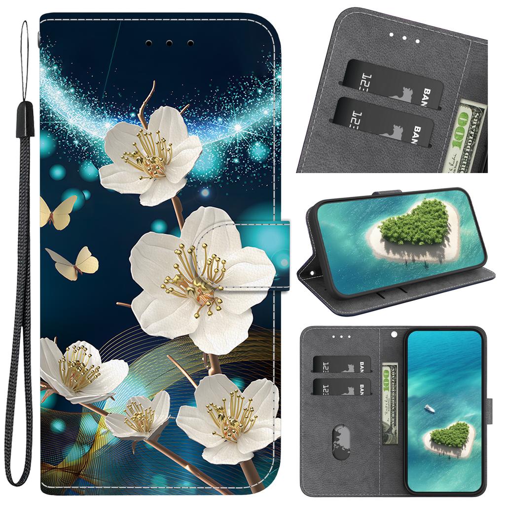 White Magnolia Flowers Pattern Flip Wallet PU Leather Case with For iPhone Samsung Infinix TECNO...for Over 900 Phone Models