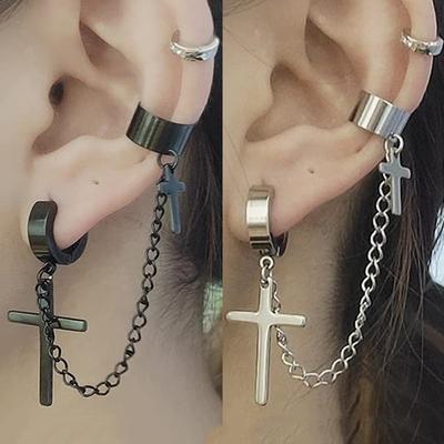 Pendientes con borlas cruzadas punk para mujer, pendientes con clip integrado, joyería cristiana gótica de hip hop, pendientes con cadena de metal para hombre