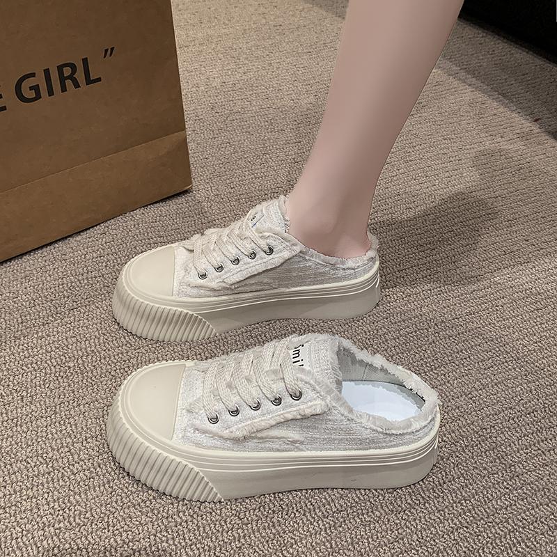 New Fashion Women's Thick Slippers with Baotou Women's Summer Outfit Spring and Autumn Slip-on White Canvas Shoes Zapatos Mujer