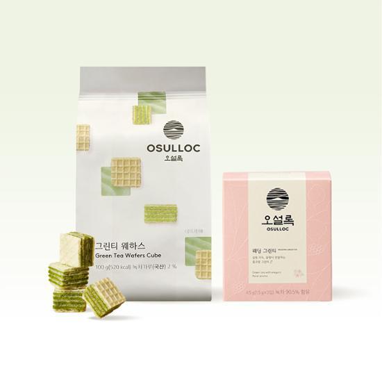 Osulloc Mini Blended Tea + Wafers Set (Shopping Bag Included), Korean snacks