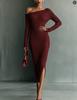 2026 European & American Women's One-shoulder Long Sleeve Slim Wool Dress - Autumn/Winter
