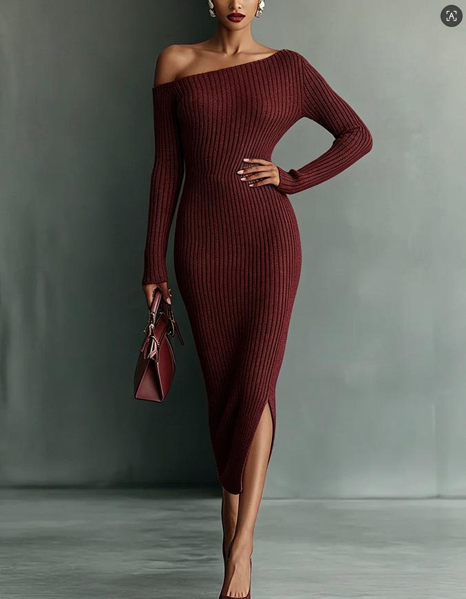 2026 European & American Women's One-shoulder Long Sleeve Slim Wool Dress - Autumn/Winter