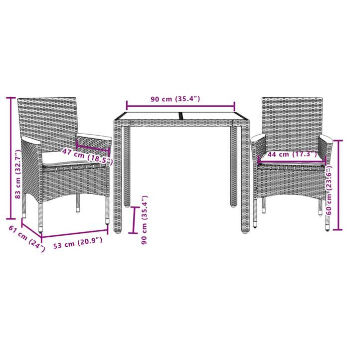 VidaXL Ensemble à manger de jardin et coussins 3 pcs gris rotin verre, ensemble de salle à manger d'extérieur, meuble de 3278651