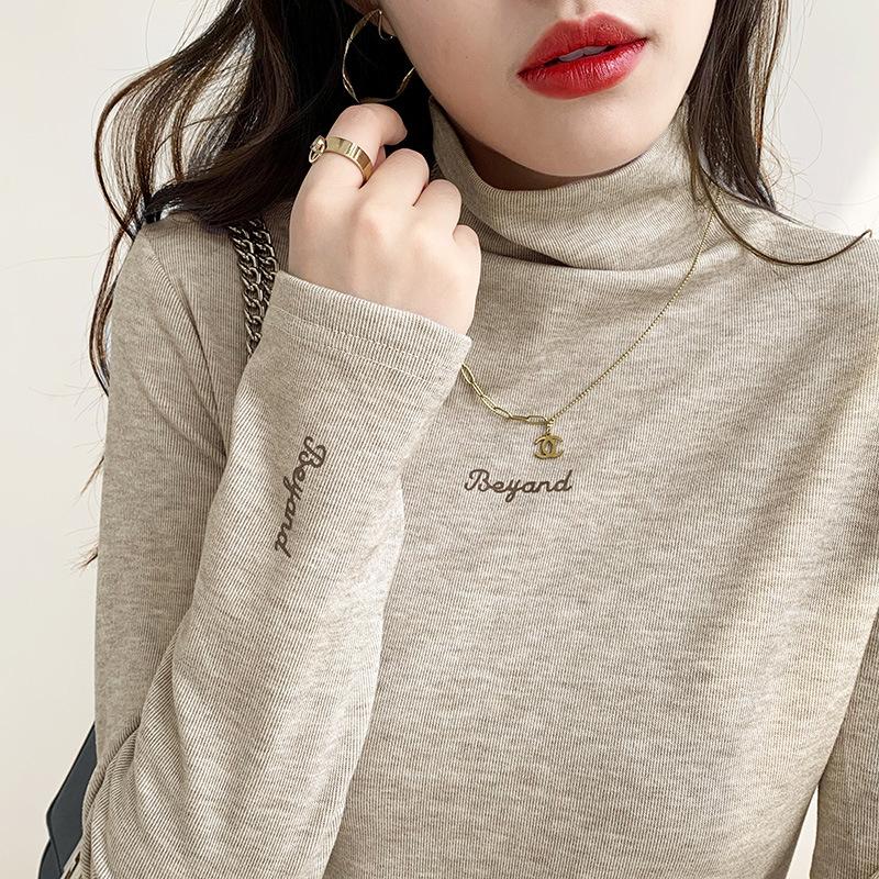 Letter embroidered semi-turtleneck bottoming shirt women's polished thermal long-sleeved T-shirt spring suit inner top