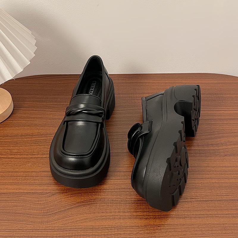 French thick heel British style small leather shoes women's 2025 new autumn one-pedal round head single shoes black jk loafers