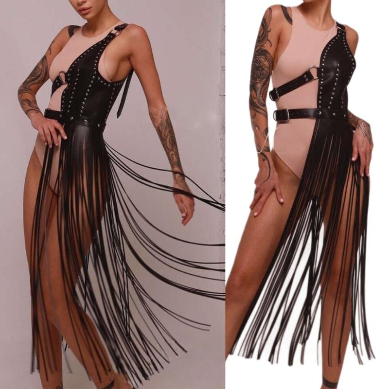 Punk Fringed Waist Belt Long Suspender Belt For Women PU Leather Adjustable Accessory For Party and Stage Performances